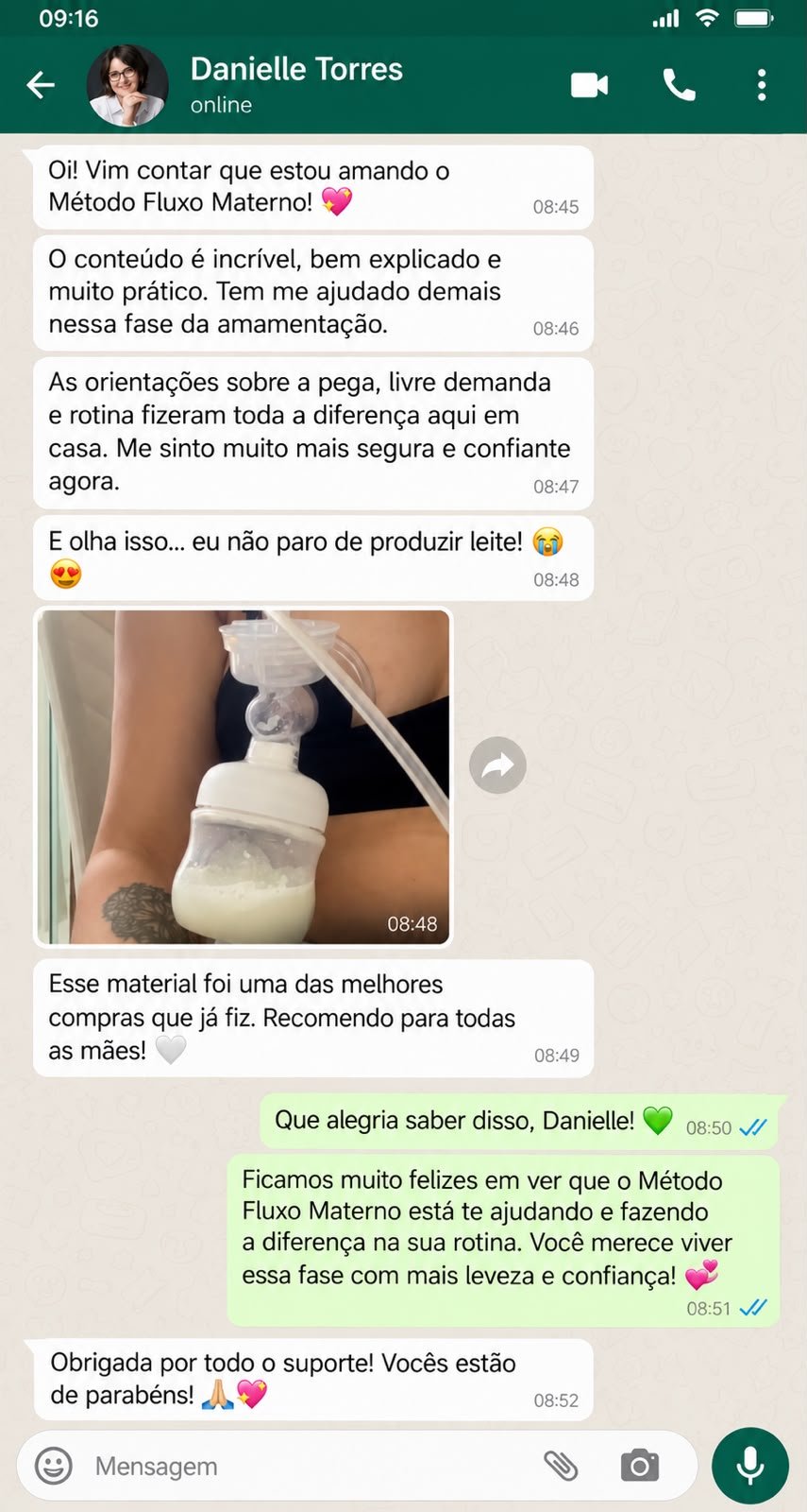 Depoimento de Danielle no WhatsApp sobre o Método Fluxo Materno