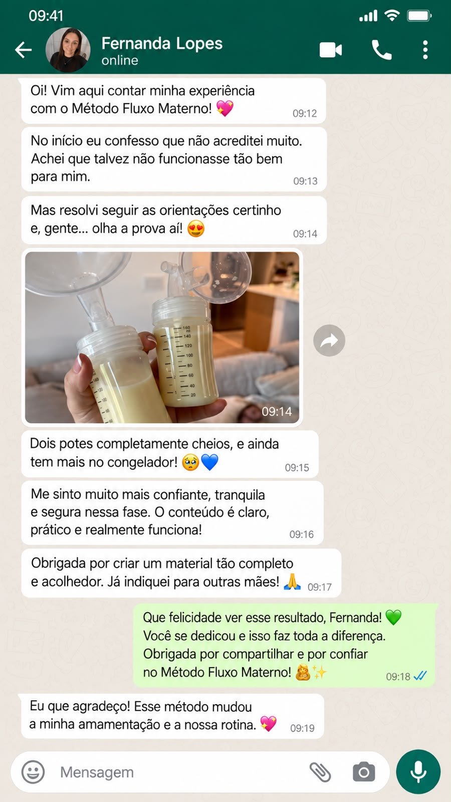 Depoimento de Fernanda no WhatsApp sobre o Método Fluxo Materno