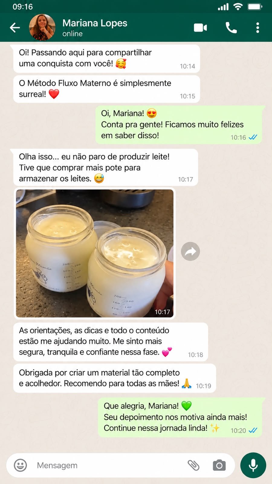 Depoimento de Mariana no WhatsApp sobre o Método Fluxo Materno